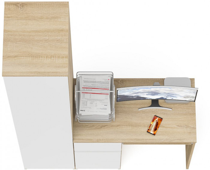 Мори Стол компьютерный МС-1 левый + Пенал МШ400.1, цвет дуб сонома/белый, ШхГхВ 130,4х50,4х209,6 см., выдвижной ящик слева, НЕ универсальная сборка