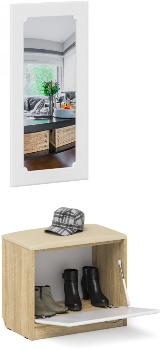 Прихожая П-6 Тумба + Зеркало, дуб сонома/фасады МДФ белое дерево фрезеровка ромб