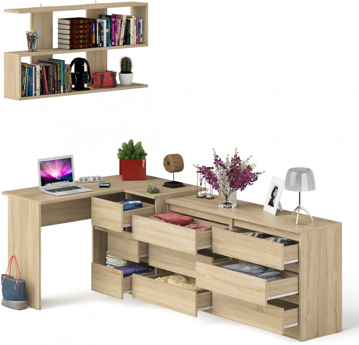 Мори компьютерный стол МС-16 правый + Комод МК1380.6 + Полка 1200, дуб сонома