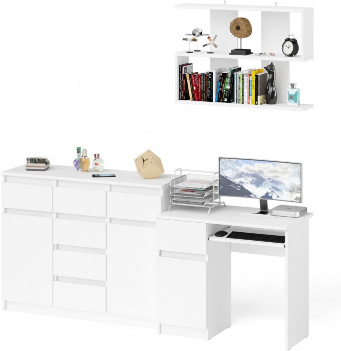 Мори компьютерный стол МС-1 левый + Комод МК1200.4 + Полка 900, белый