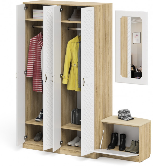 Прихожая П-6 Компоновка № 08, дуб сонома/фасады МДФ белое дерево фрезеровка ромб