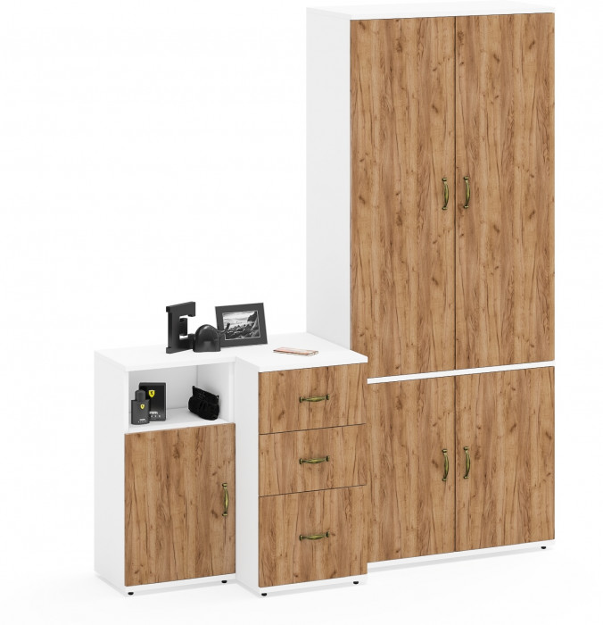 Лидер-8 Шкаф МД 20Б + Тумба МД 3.16 + Тумба МД 3.19, белый шагрень/крафт золото