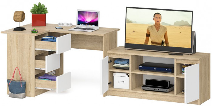 Мори компьютерный стол МС-16 левый + Тумба МТВ1200.1, дуб сонома/белый