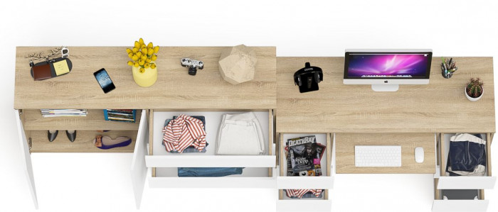 Мори компьютерный стол МС-2 + Комод МК1600.1, дуб сонома/белый