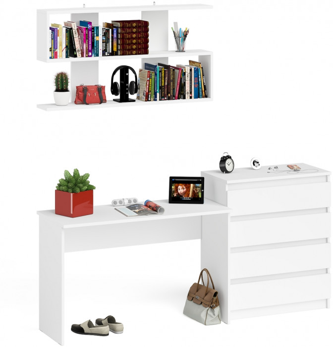 Мори письменный стол МСП1200.1 + Комод МК800.4 + Полка 1200, белый