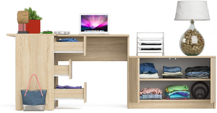 Мори Стол компьютерный МС-16 левый + Тумба МА900.1, цвет дуб сонома, ШхГхВ 214,8х84,9х76,6 см., выдвижные ящики слева, НЕ универсальная сборка
