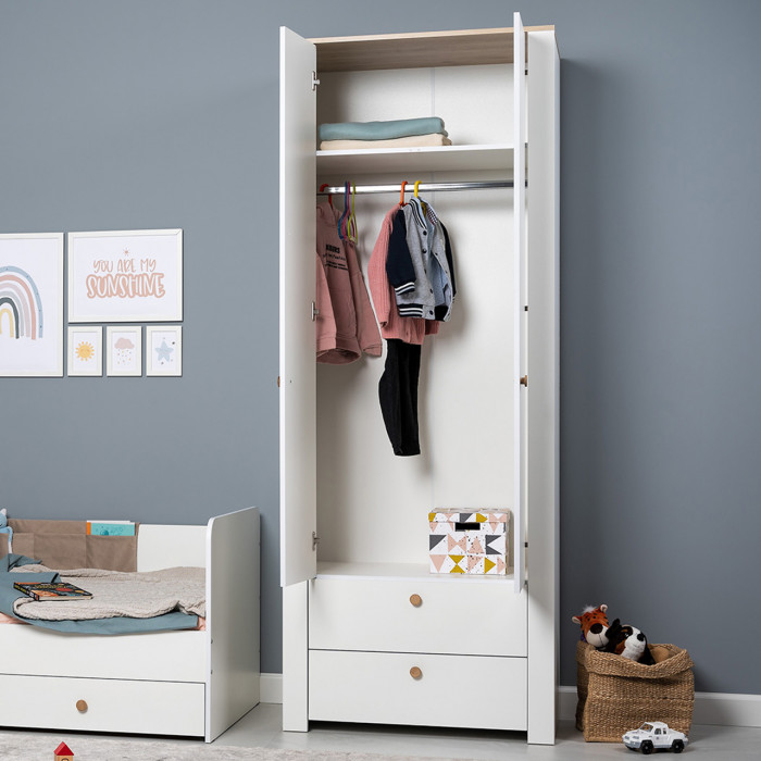 Джастин 13.339 Шкаф для одежды с ящиками, цвет белый шагрень/дуб белый эксклюзив, ШхГхВ 86х54,8х225,8 см.