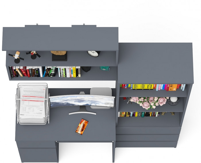 Мори Стол компьютерный МС-1 левый + Стеллаж МСТ600.3 + Полка 900, цвет графит, ШхГхВ 150,4х50х209,6 см., НЕ универсальная сборка