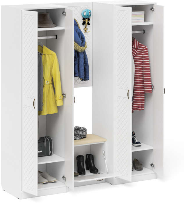 Прихожая П-6 Компоновка № 09, белая шагрень/фасады МДФ белое дерево фрезеровка ромб