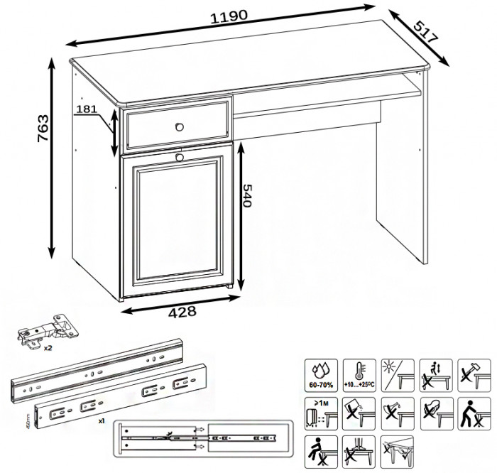 Роуз 12.148 письменный стол, ЛДСП белый(тиснение Поры дерева)/МДФ ясень ваниль