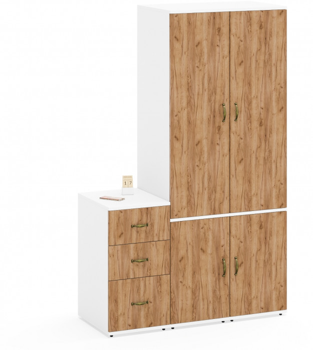 Лидер-8 Пенал МД 23Б + Пенал МД 23Б + Тумба МД 3.16, белый шагрень/крафт золото