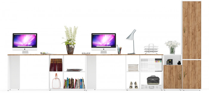 Лидер-8 Стол + Стол + Пенал МД 22Б + Тумба МД 3.19, цвет белый шагрень/крафт золото, ШхГхВ 410х50/37,5х75/190 или 230х160/50х75/190 см., НЕ ун. сб.