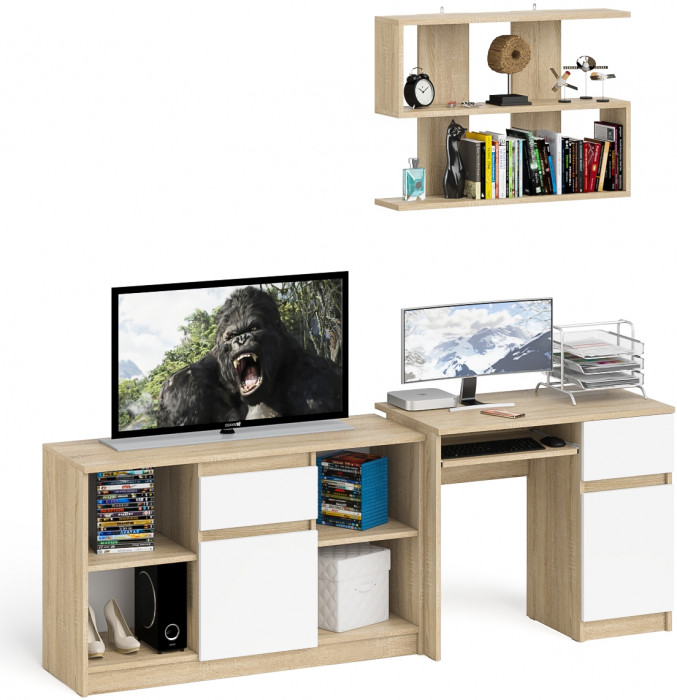 Мори Стол компьютерный МС-1 правый + Тумба МТВ1204.1 + Полка 900, цвет дуб сонома/белый, ШхГхВ 210,4х50х209,6 см., НЕ универсальная сборка