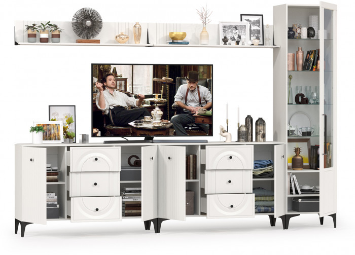 Валенсия Гостиная № 118, цвет ЛДСП белый шагрень/МДФ белый шагрень, ШхГхВ 321,3х38,4х225,2 см., универсальная сборка