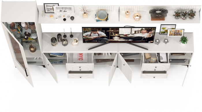 Валенсия Гостиная № 118, цвет ЛДСП белый шагрень/МДФ белый шагрень, ШхГхВ 321,3х38,4х225,2 см., универсальная сборка