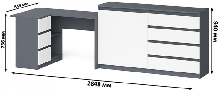 Мори компьютерный стол МС-16 левый + Комод МК1600.1, графит/белый