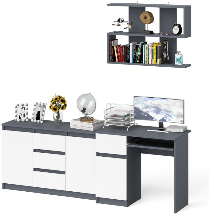Мори Стол компьютерный МС-1 левый + Комод МК1200.3 + Полка 900, цвет графит/белый, ШхГхВ 210,4х50х209,6 см., НЕ универсальная сборка
