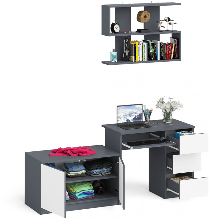Мори компьютерный стол МС-6 правый + Тумба МА900.1 + Полка 900, графит/белый