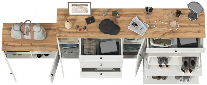 Остин 16.221 Комод + 16.121 Тумба для обуви + 13.257 Тумба, белый шагрень/дуб крафт золотой