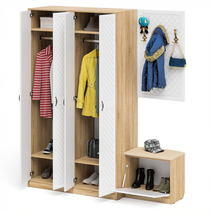 Прихожая П-6 Компоновка № 09, дуб сонома/фасады МДФ белое дерево фрезеровка ромб