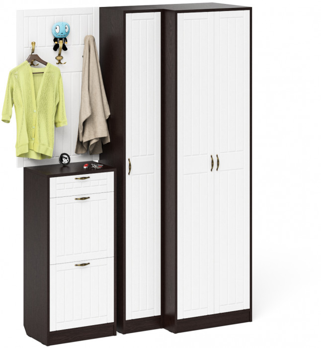 Прихожая П-6 Компоновка № 30, венге/фасады МДФ белое дерево фрезеровка прованс