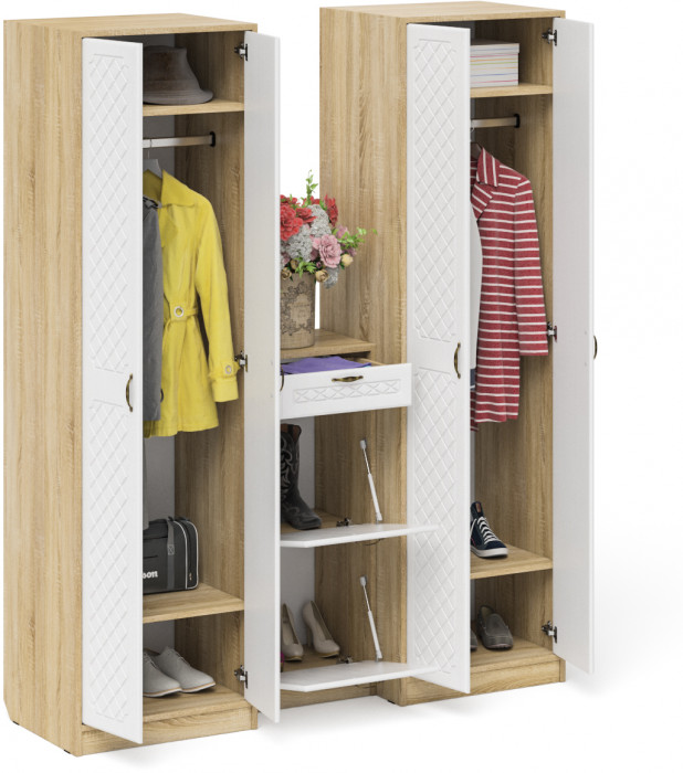 Прихожая П-6 Компоновка № 13, цвет дуб сонома/фасады МДФ белое дерево фрезеровка ромб, ШхГхВ 170х50х210 см., универсальная сборка