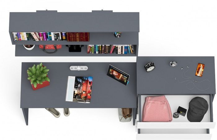 Мори письменный стол МСП1200.1 + Комод МК800.4 + Полка 1200, графит/белый