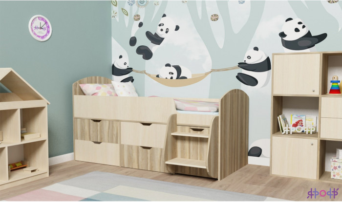 Кровать-чердак Малыш 7 (Белое дерево/Оранжевый)