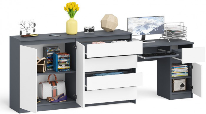 Мори компьютерный стол МС-1 правый + Комод МК1600.1, графит/белый