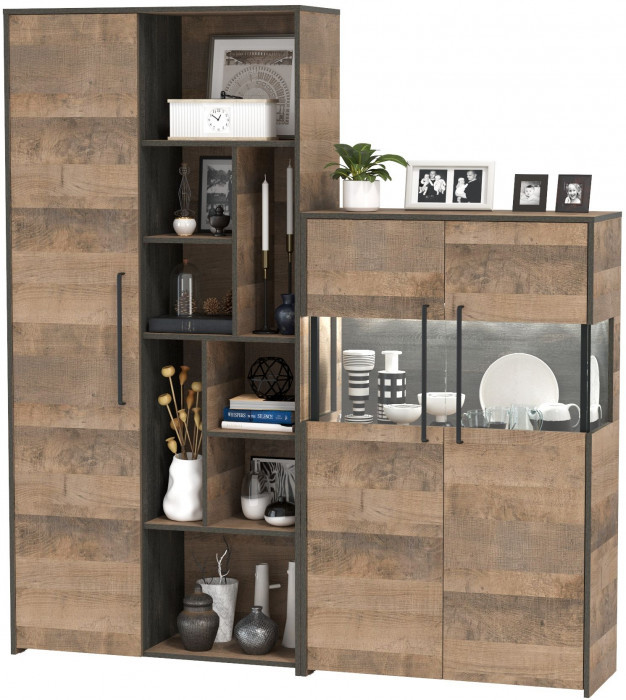 Трувор 13.206 Шкаф-стеллаж + 13.306 Комод с витриной, дуб гранж песочный/интра