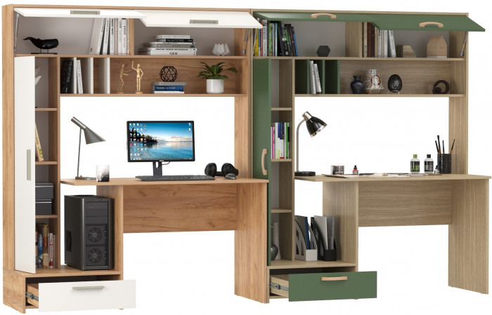 Два Стола письменных Лайт 03.243Н, дуб крафт золотой/белый премиум/плэйн/дымчатый зелёный