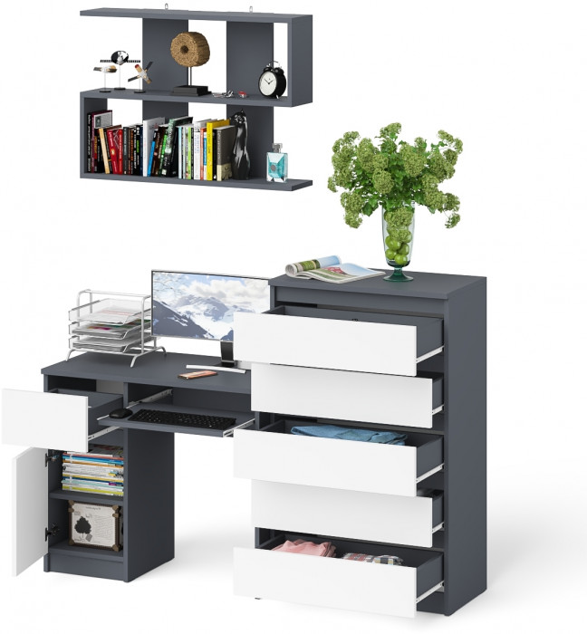 Мори компьютерный стол МС-1 левый + Комод МК700.5 + Полка 900, графит/белый