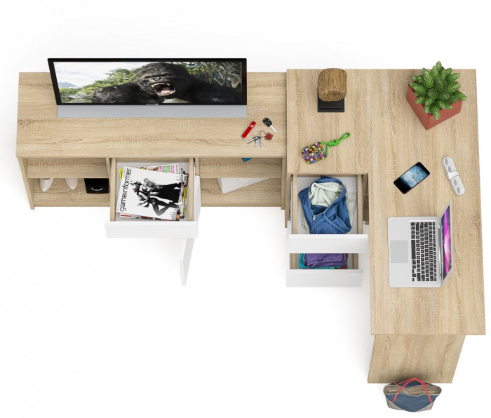 Мори Стол компьютерный МС-16 левый + Тумба МТВ1204.1, цвет дуб сонома/белый, ШхГхВ 244,8х84,9х76,6 см., выдвижные ящики слев, НЕ универсальная сборкаа