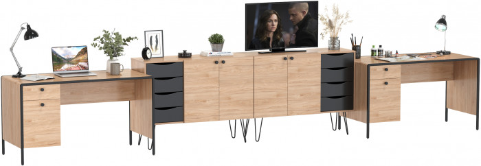 Брюс два Стола 12.157 + два Комода 16.233, цвет чёрный/Battle rock Santiago/столешница МДФ ель карпатская, 486,8х62,6(38,3)х75(85,6) см., ун. сб.