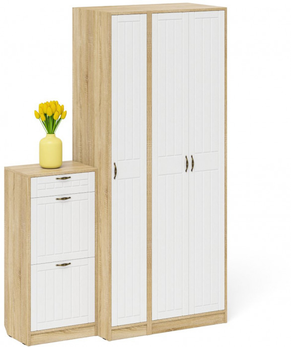 Прихожая П-6 Компоновка № 48, цвет дуб сонома/фасады МДФ белое дерево фрезеровка прованс, ШхГхВ 140х50х210 см., универсальная сборка