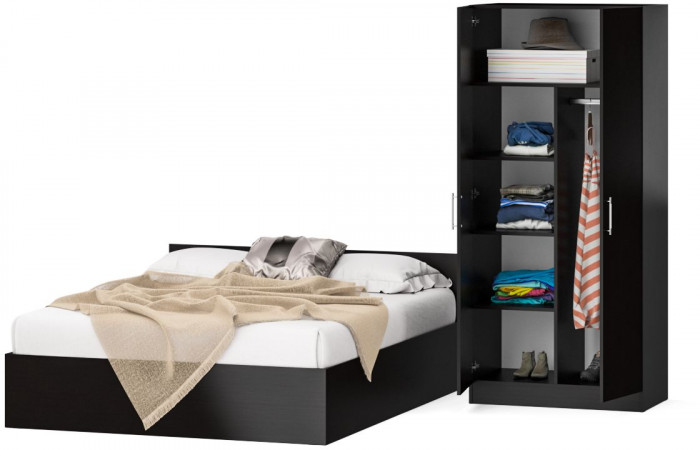 Кровать 1400 + Шкаф 2-х створчатый Стандарт, цвет венге, ШхГхВ 143,5х203,5х70 + 90х52х200 см., сп.м. 1400х2000 мм., без матраса, основание есть