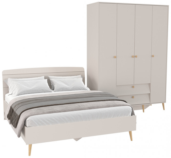 Афина Спальня Кровать 1600 + Шкаф 4-х дверный, цвет кашемир серый, ШхГхВ 164,6х210,2х95,6 + 160х56,3х220 см., сп.м. 1600х2000 мм., б/м, осн. есть