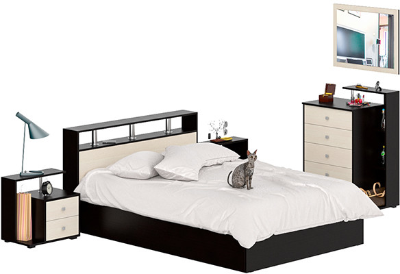 Камелия спальня № 5 Кровать 1400 + Две тумбы + Комод + Зеркало, венге/дуб лоредо