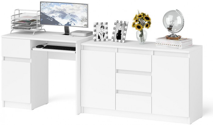 Мори Стол компьютерный МС-1 левый + Комод МК1200.3, цвет белый, ШхГхВ 210,4х50х76,6 см., выдвижной ящик слева, НЕ универсальная сборка