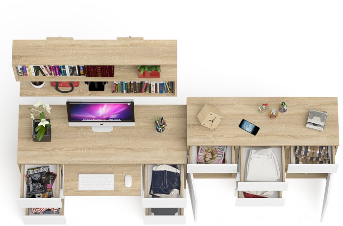 Мори компьютерный стол МС-2 + Комод МК1200.4 + Полка 1200, дуб сонома/белый