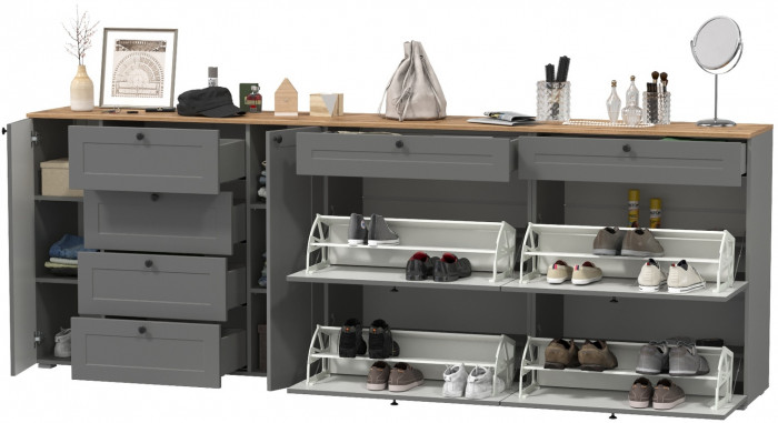 Остин 16.221 Комод + 16.121 Тумба для обуви + 16.121 Тумба для обуви, серый графит/дуб крафт золотой