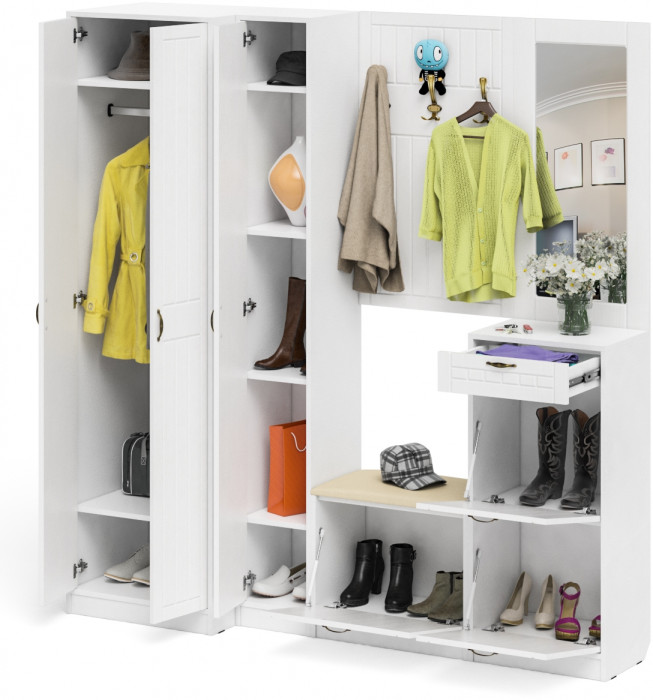 Прихожая П-6 Компоновка № 31, цвет белая шагрень/фасады МДФ белое дерево фрезеровка прованс, ШхГхВ 200х50х210 см., универсальная сборка