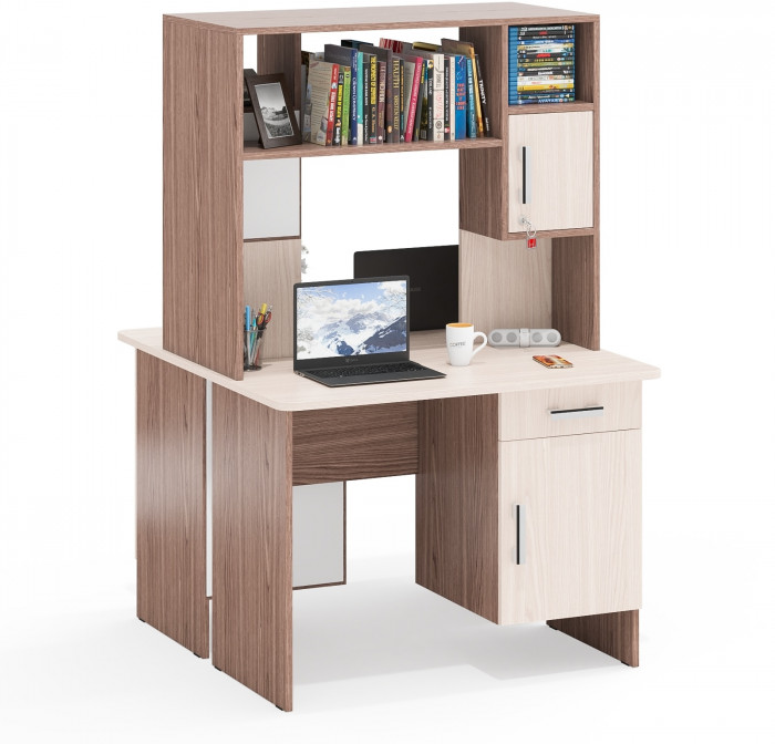 Два стола письменных с надстройкой С-МД-1-09Н, ясень шимо светлый/ясень шимо тёмный