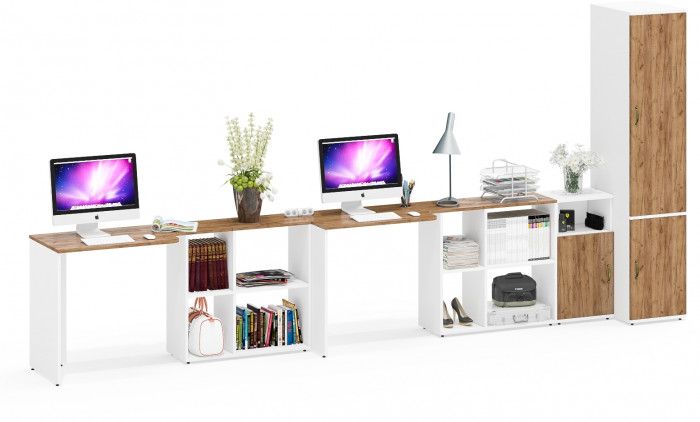 Лидер-8 Стол + Стол + Пенал МД 23Б + Тумба МД 3.19, цвет белый шагрень/крафт золото, ШхГхВ 410х50х75/190 или 230х160/50х75/190 см., НЕ ун. сб.