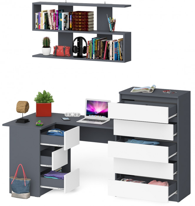 Мори компьютерный стол МС-16 левый + Комод МК700.5 + Полка 1200, графит/белый