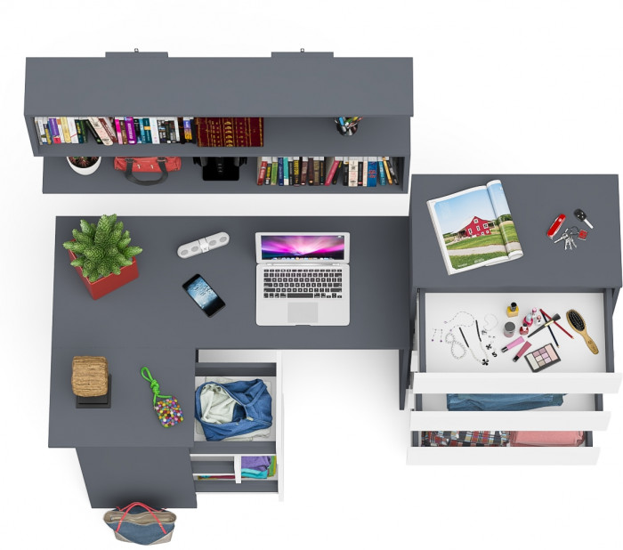 Мори компьютерный стол МС-16 левый + Комод МК700.5 + Полка 1200, графит/белый