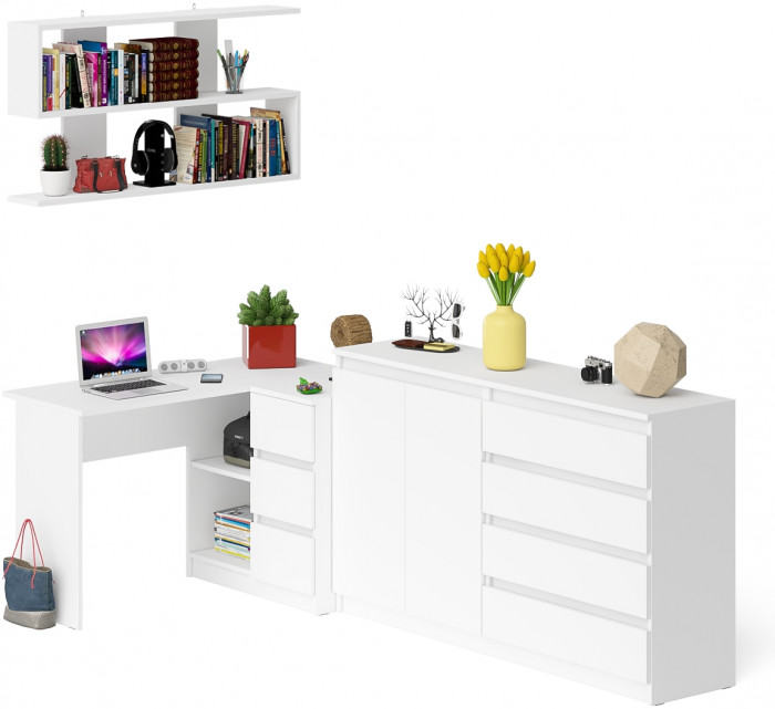 Мори компьютерный стол МС-16 правый + Комод МК1600.1 + Полка 1200, белый