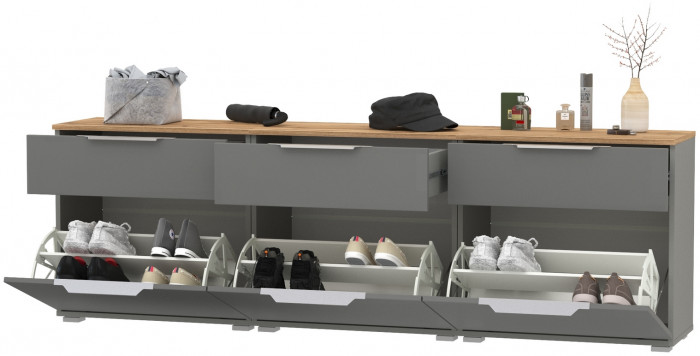 Октава 16.127 Тумба для обуви + 16.127 Тумба + 16.127 Тумба, серый графит/дуб крафт золотой/фасады МДФ серый графит