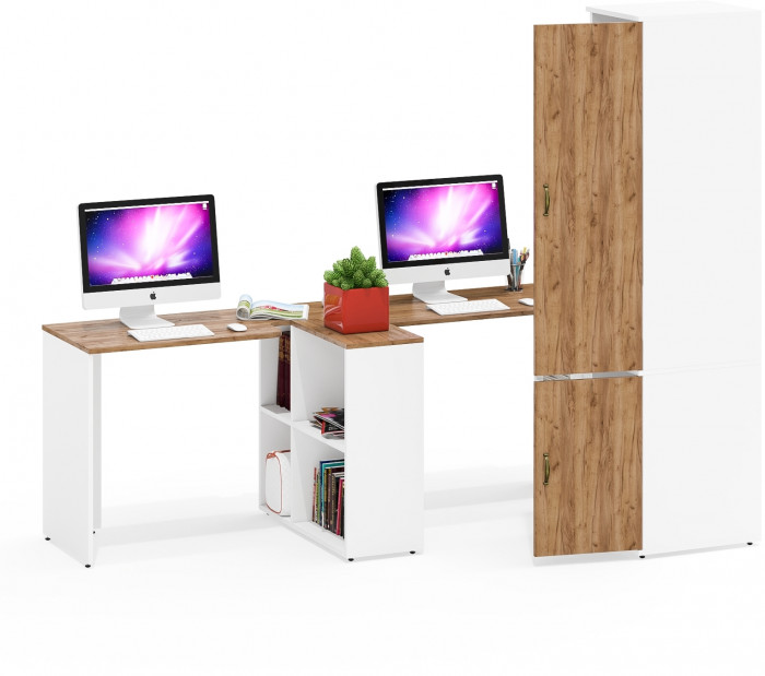 Лидер-8 Стол + Стол + Пенал МД 23Б, цвет белый шагрень/крафт золото, ШхГхВ 370х50х75/190 или 230х120/50х75/190 см., НЕ универсальная сборка