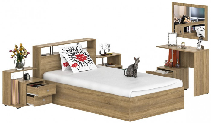 Камелия спальня № 6 Кровать 1200 + Две тумбы + Стол косметический + Зеркало, дуб сонома